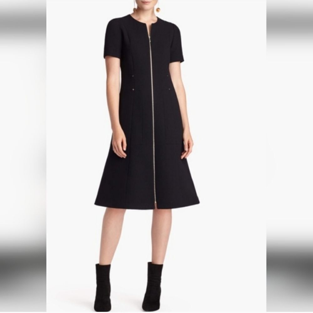 Lafayette 148 New York black Wool zip-front Midi A-line  Dress M  Pockets